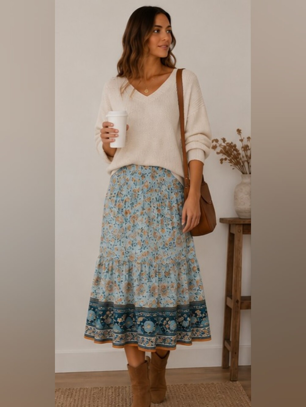 Blue Floral Boho Midi Skirt Smocked Elastic Waist Tiered Border Print